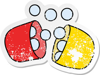 distressed sticker cartoon of opened medicine tablet