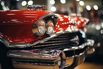 Photo sur Aluminium Voitures anciennes A close up view of a red classic car on display. Perfect for automotive enthusiasts and vintage car lovers