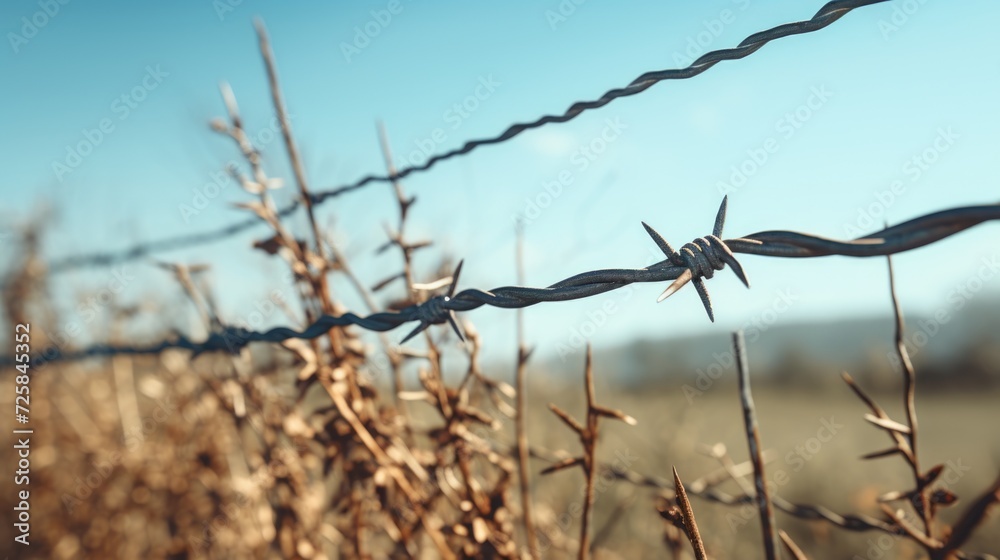 Poster a detailed view of a barbed wire fence. ideal for illustrating concepts such as security, boundaries