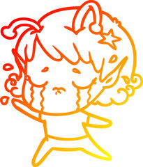 warm gradient line drawing cartoon crying alien girl