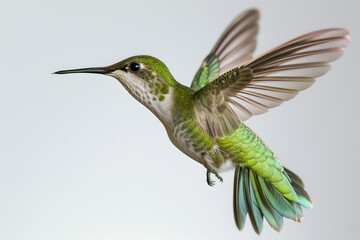Fototapeta premium Close up macro photography of a hummingbird on white background. Very detailed macro photography