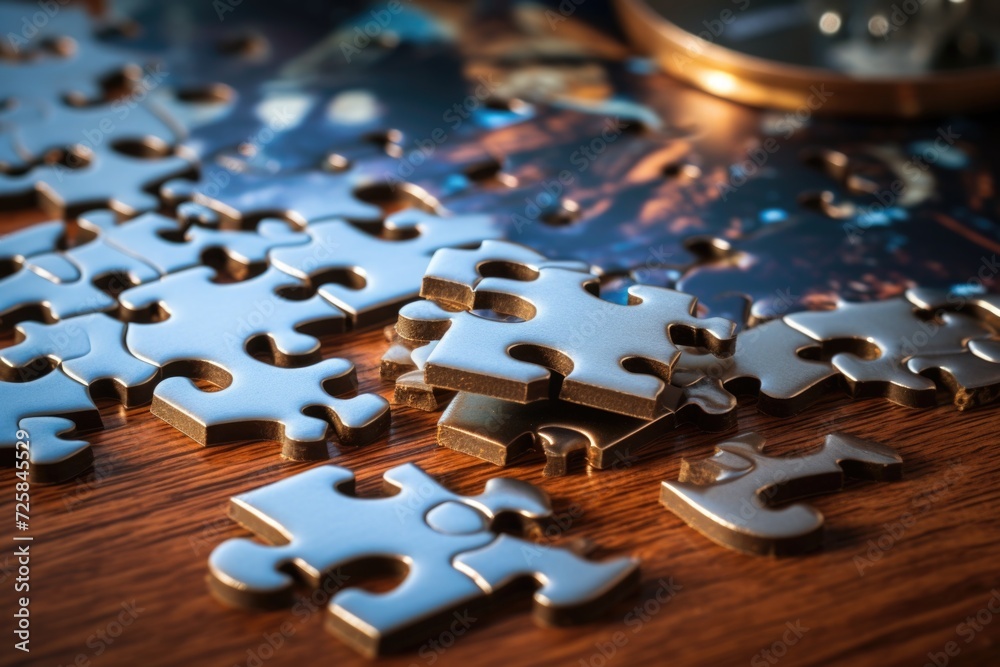 Leinwandbilder a pile of puzzle pieces sitting on top of a wooden table. this versatile image can be used for vario