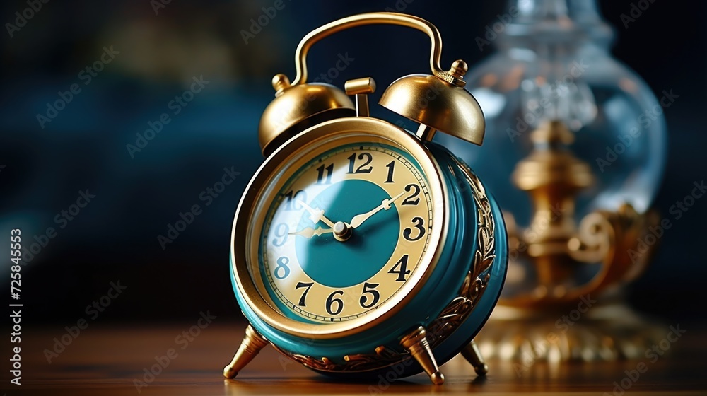 Poster an alarm clock sitting on top of a wooden table. perfect for illustrating time management and mornin