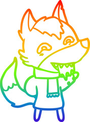 rainbow gradient line drawing cartoon hungry wolf in winter clothes