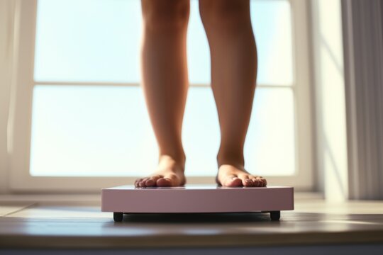 A woman is standing on a scale in front of a window. This image can be used to depict weight loss, health, fitness, or self-improvement concepts