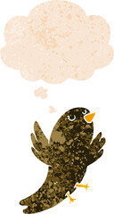 cartoon bird and thought bubble in retro textured style