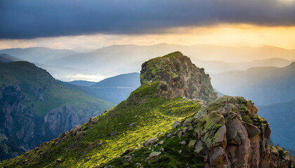 Naklejka premium A picturesque mountain peak with a radiant sunrise breaking through the clouds. An alluring travel background that will captivate your senses.