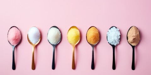 A row of spoons filled with various types of sugar. Perfect for illustrating different sugar options or adding sweetness to food and beverage concepts