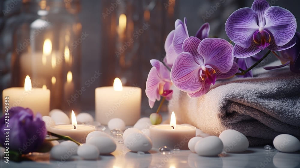 Poster a bunch of candles placed next to some flowers. ideal for creating a cozy and romantic atmosphere.