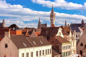 Aerial view of medieval buildings and towers of Old Town, Ghent, Belgium