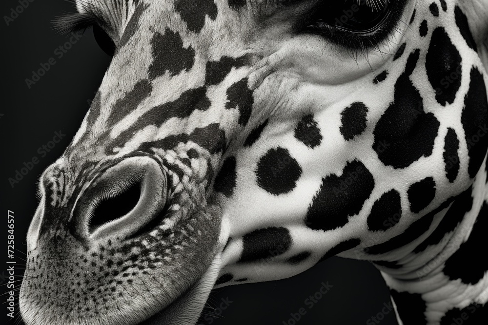 Poster a close-up view of a giraffe's face against a black background. suitable for various uses