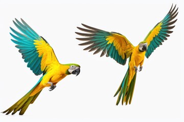 Two yellow and blue parrots flying gracefully in the air. Perfect for nature and wildlife enthusiasts, tropical themes, or bird-related designs