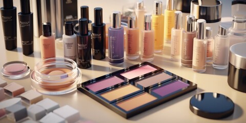 A table filled with a variety of makeup and cosmetics products. Perfect for beauty bloggers, makeup artists, or anyone in need of high-quality beauty images