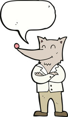 cartoon wolf in shirt with speech bubble