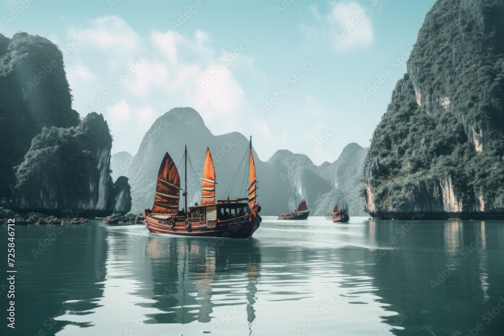 Poster a group of boats floating on a body of water. suitable for various water-related themes and activiti