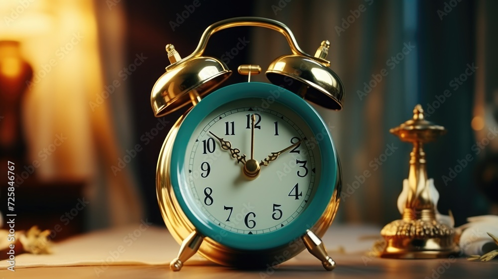 Poster a clock sitting on top of a table next to a lamp. suitable for home decor or interior design concept