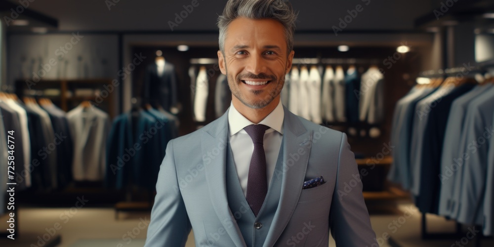 Aufkleber a man in a suit stands in front of a rack of shirts. this image can be used to showcase men's fashio