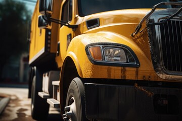 Fototapeta premium A yellow truck parked on the side of the road. Can be used to depict transportation, roadside scenes, or vehicle maintenance