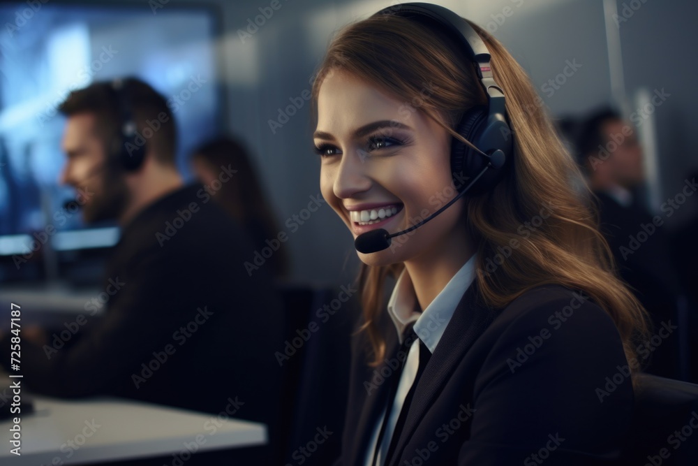 Poster a woman wearing a headset working in a call center. this image can be used to depict customer servic