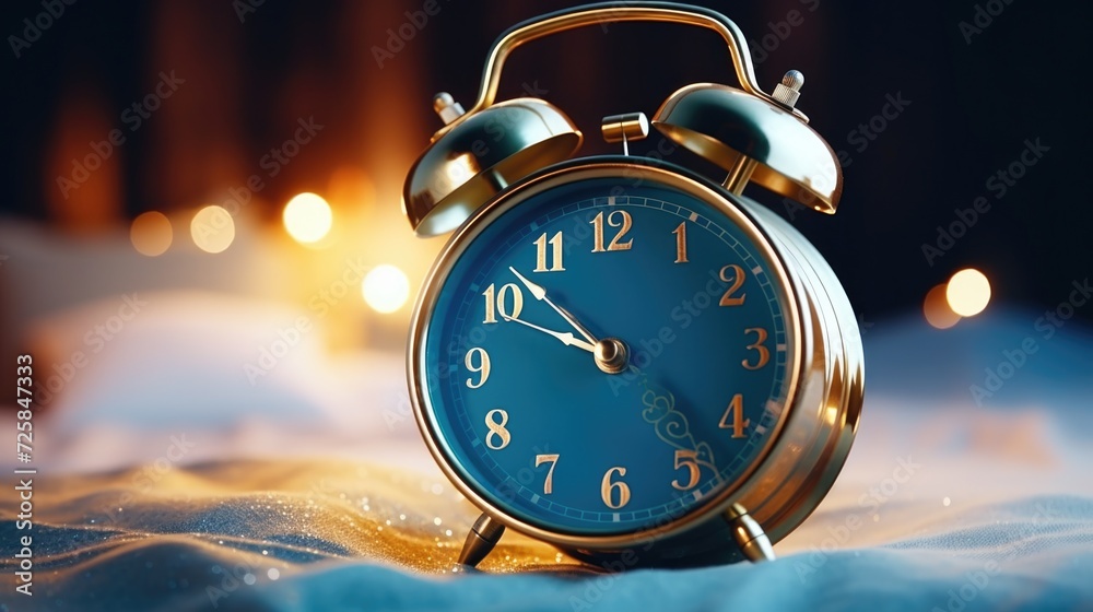 Poster an alarm clock sitting on top of a bed. this image can be used to represent waking up, morning routi