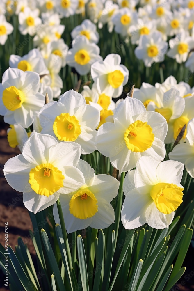 Poster a beautiful field filled with white and yellow daffodils. perfect for springtime and nature-themed p