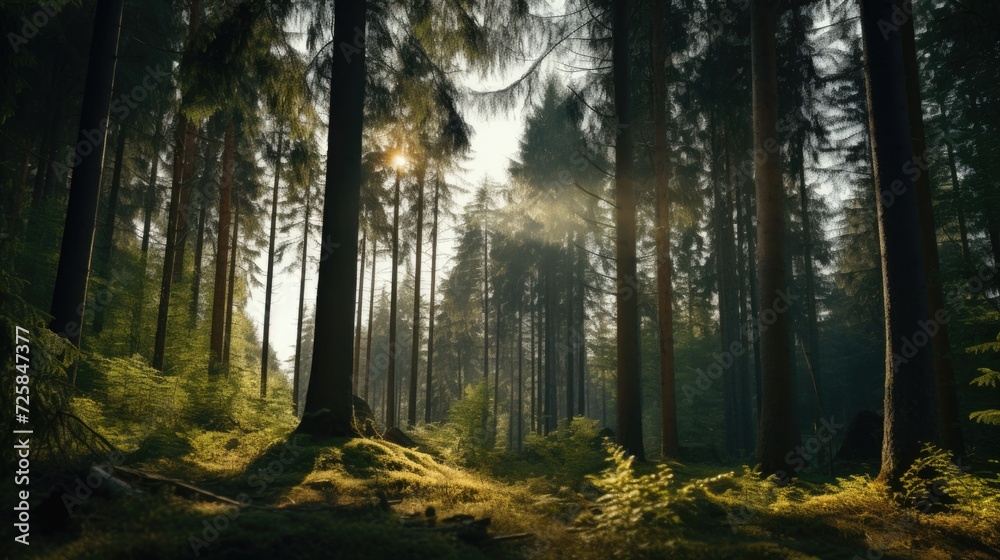 Poster sunlight shining through the trees in the forest. perfect for nature and outdoor themed projects