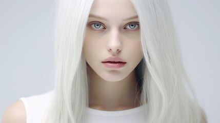 A woman with long white hair and striking blue eyes. This image can be used for various purposes