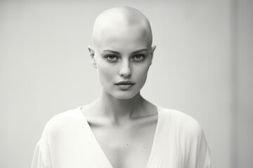 A black and white photograph of a woman with a bald head. Suitable for various applications