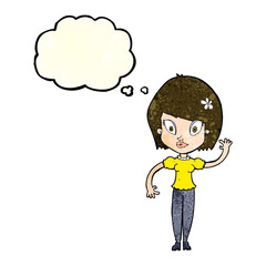 cartoon pretty woman waving with thought bubble