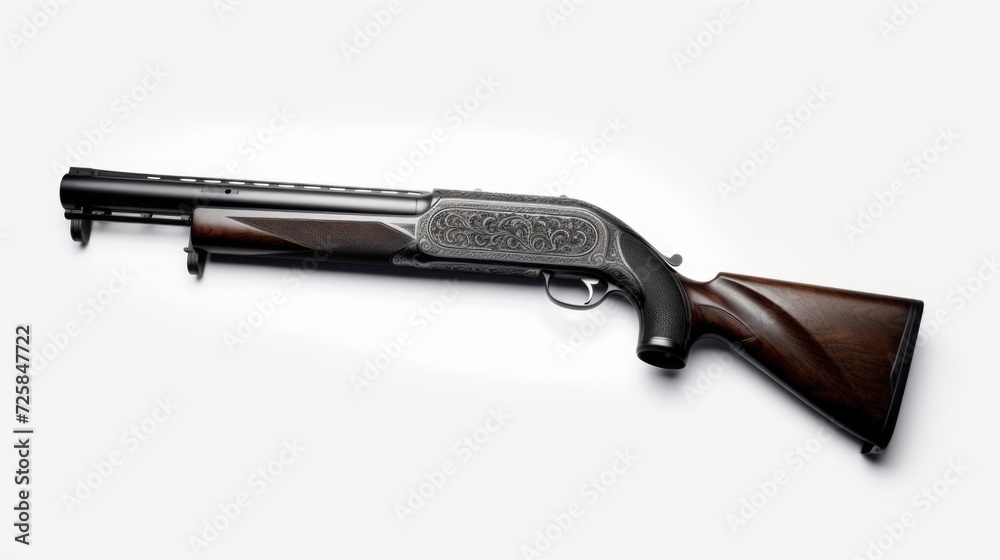 Poster A gun with a wooden handle on a white background. Ideal for use in firearm-related articles and illustrations