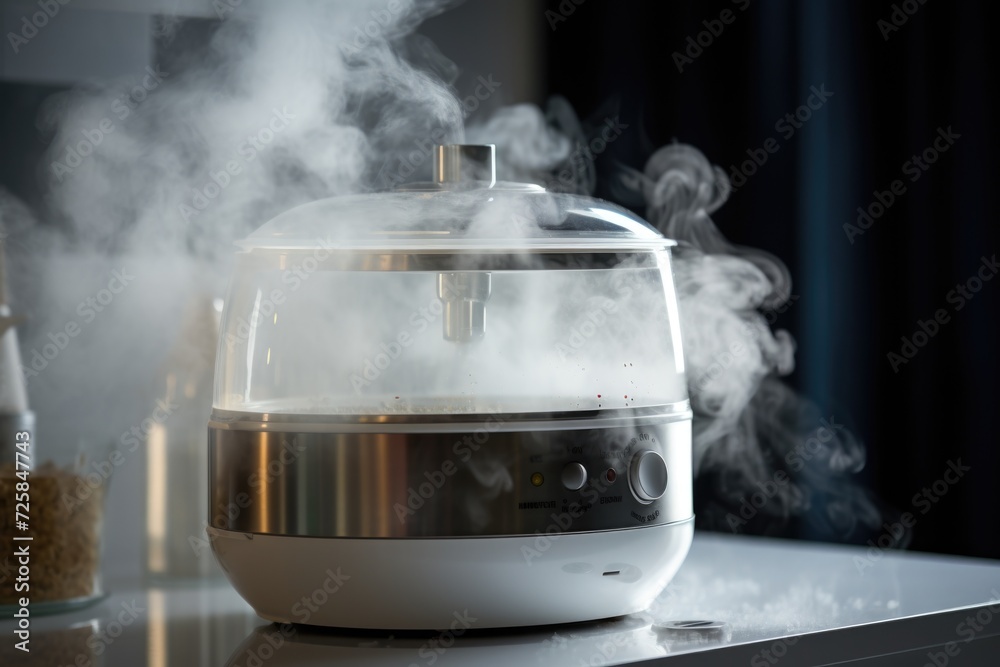 Poster a white humidifier sitting on top of a counter. ideal for home or office use