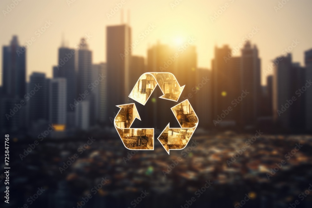 Poster A city skyline with a prominent recycle symbol in the foreground. This image can be used to highlight the importance of recycling in urban environments