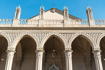 Fototapeta na wymiar Facade of Santo Stefano Cathedral in Piazza Duomo in the historical center of Biella, Piedmont, Italy