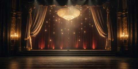 A stage with a chandelier and red curtains. Suitable for theater, opera, or dance performance. - obrazy, fototapety, plakaty