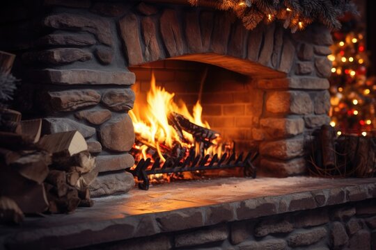 A cozy fireplace with logs burning brightly, with a beautifully decorated Christmas tree in the background. Perfect for creating a warm and festive atmosphere during the holiday season