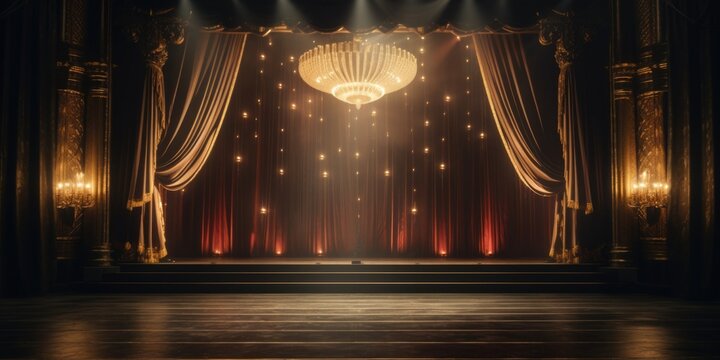 A stage with a chandelier and red curtains. Suitable for theater, opera, or dance performance.