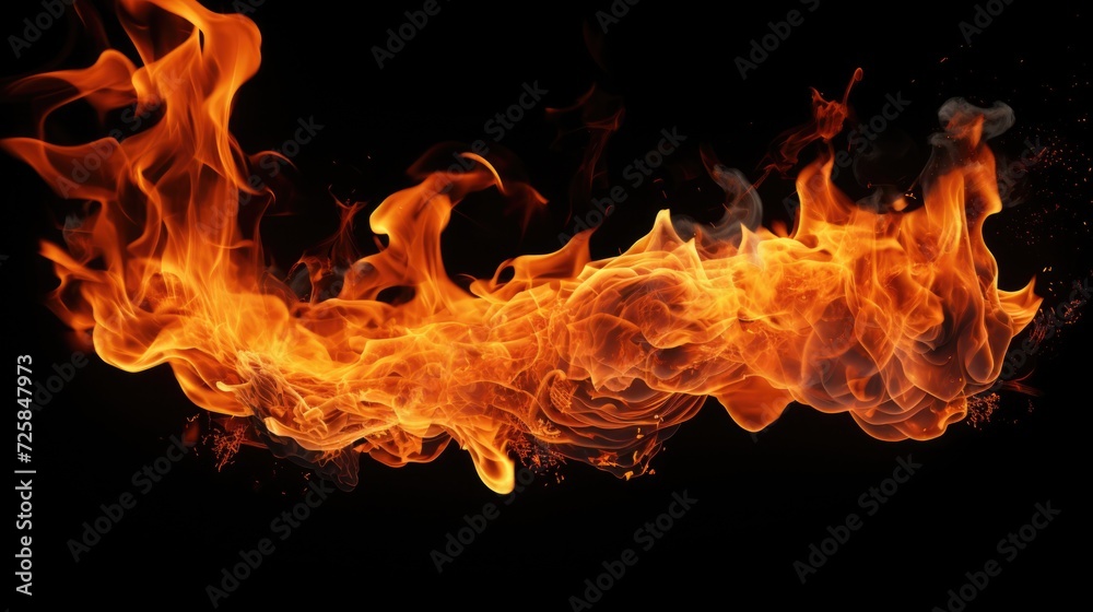 Poster Close-up view of a fire burning on a black background. This image can be used to depict concepts such as warmth, energy, danger, or destruction