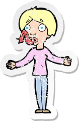 retro distressed sticker of a cartoon woman telling lies