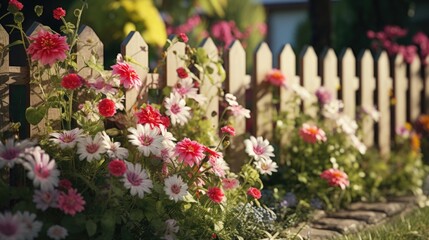 A picturesque garden with a charming white picket fence surrounded by vibrant pink and white flowers. Perfect for adding a touch of beauty and tranquility to any project or design
