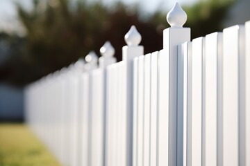 A close up of a white fence with a house in the background. Suitable for real estate, home improvement, or outdoor living concepts