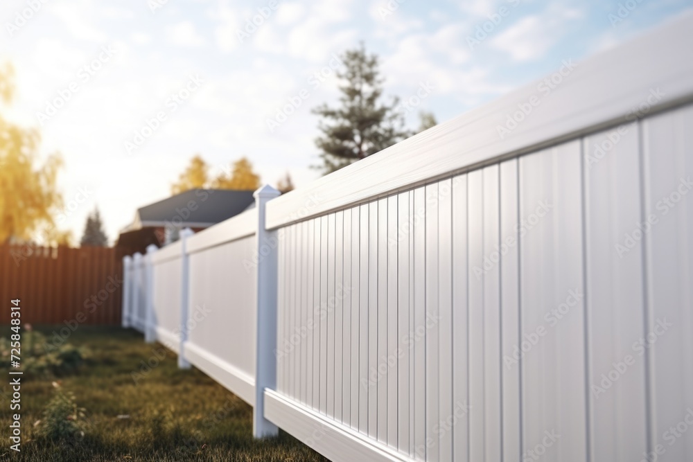 Poster a picture of a white fence in a backyard with a house in the background. this image can be used to d