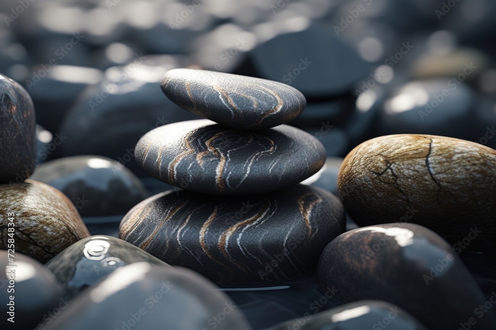Poster a pile of rocks stacked on top of each other. can be used to represent balance, stability, and natur
