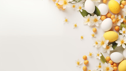 Minimalistyczne jasne tło na życzenia Wielkanocne.  Alleluja - Wesołych świąt Wielkiej Nocy. Jajka, kwiaty i inne wiosenne dekoracje.