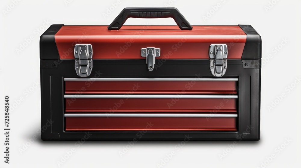 Poster a red tool box sitting on top of a white surface. perfect for illustrating diy projects or home impr