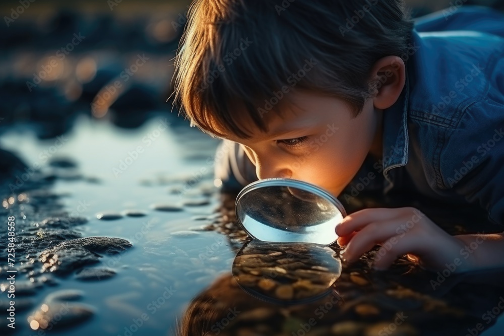 Poster a young boy is using a magnifying glass to explore the world around him. this image can be used to d