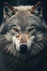 Obraz premium A close-up view of a wolf's face, featuring intense red eyes. Suitable for projects requiring a powerful and captivating image.