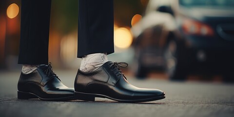 A close-up shot of a person wearing black shoes. Perfect for fashion, footwear, or lifestyle-related projects - obrazy, fototapety, plakaty