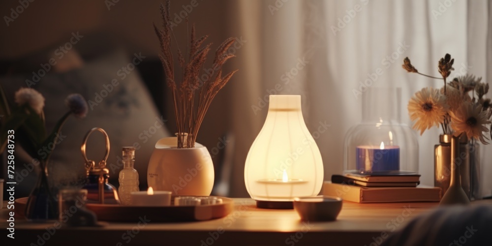 Poster A wooden table adorned with vases filled with beautiful flowers and lit candles. Perfect for adding a touch of elegance to any event or occasion