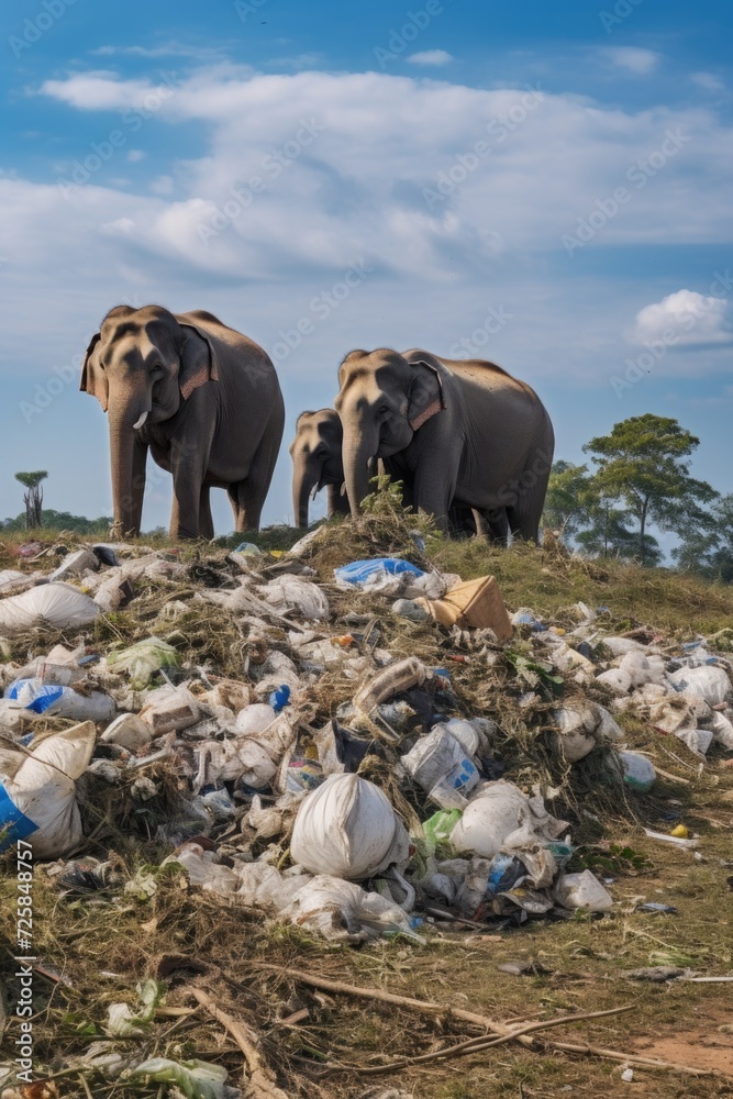 Poster two elephants standing on top of a pile of trash. suitable for environmental and conservation themes