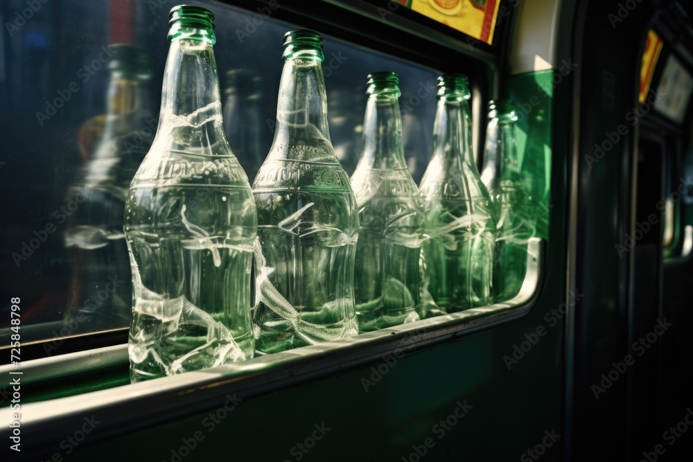 Poster a row of empty bottles sitting on a window sill. can be used to depict recycling, interior decoratio